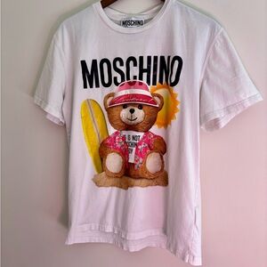 Moschino White Tee with Bear and Surfboard Design